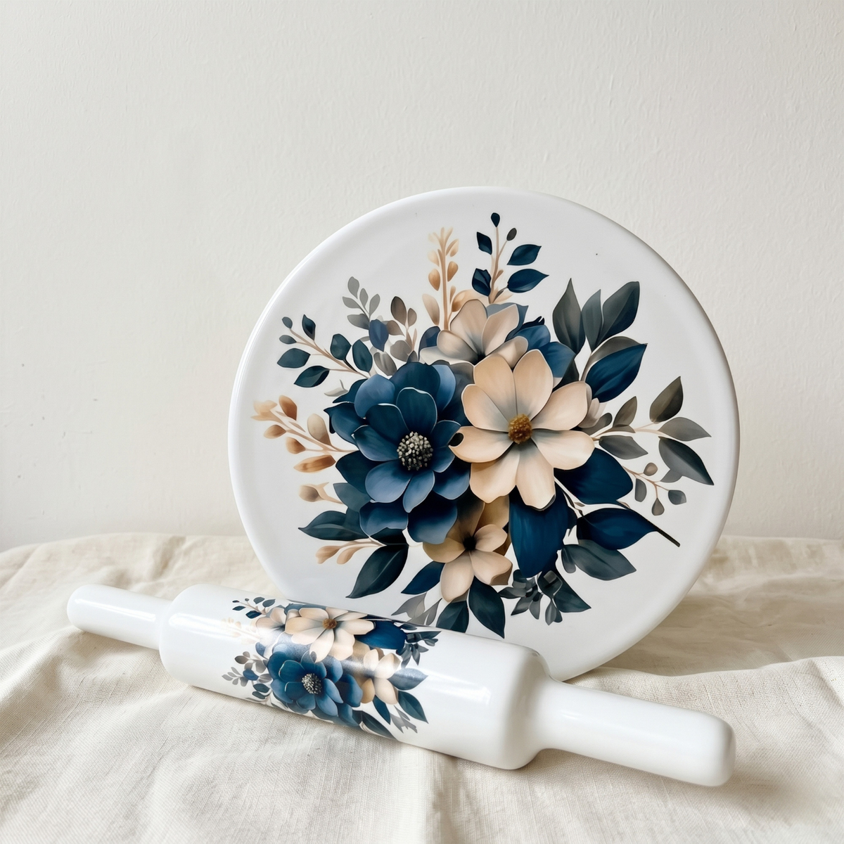 Marble Chakla Belan Set | Rolling Pin Board Chapati Roller | White Blue Design Floral Design