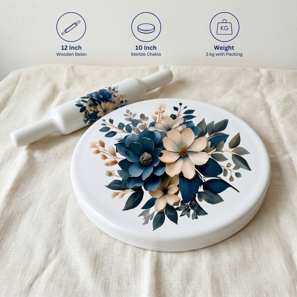 Marble Chakla Belan Set | Rolling Pin Board Chapati Roller | White Blue Design Floral Design