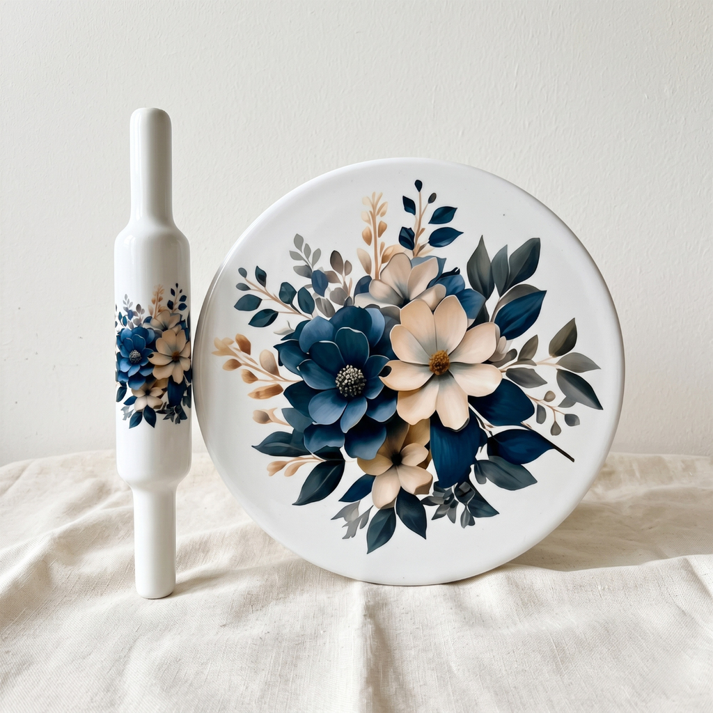Marble Chakla Belan Set | Rolling Pin Board Chapati Roller | White Blue Design Floral Design