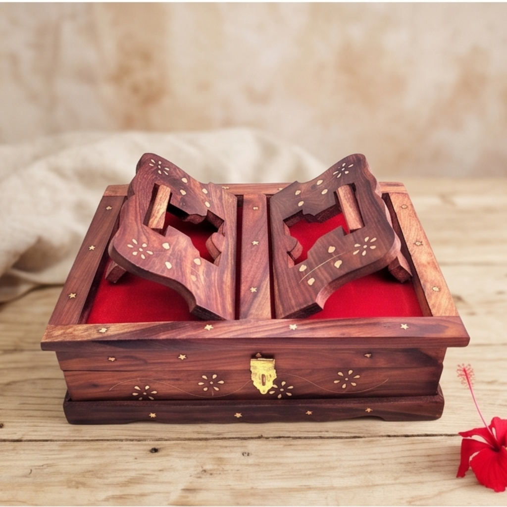 Sheesham Wooden Holy Book Stand & Box | Folding Rehal Quran, Bhagavad Gita, Bible, Religious Scriptures