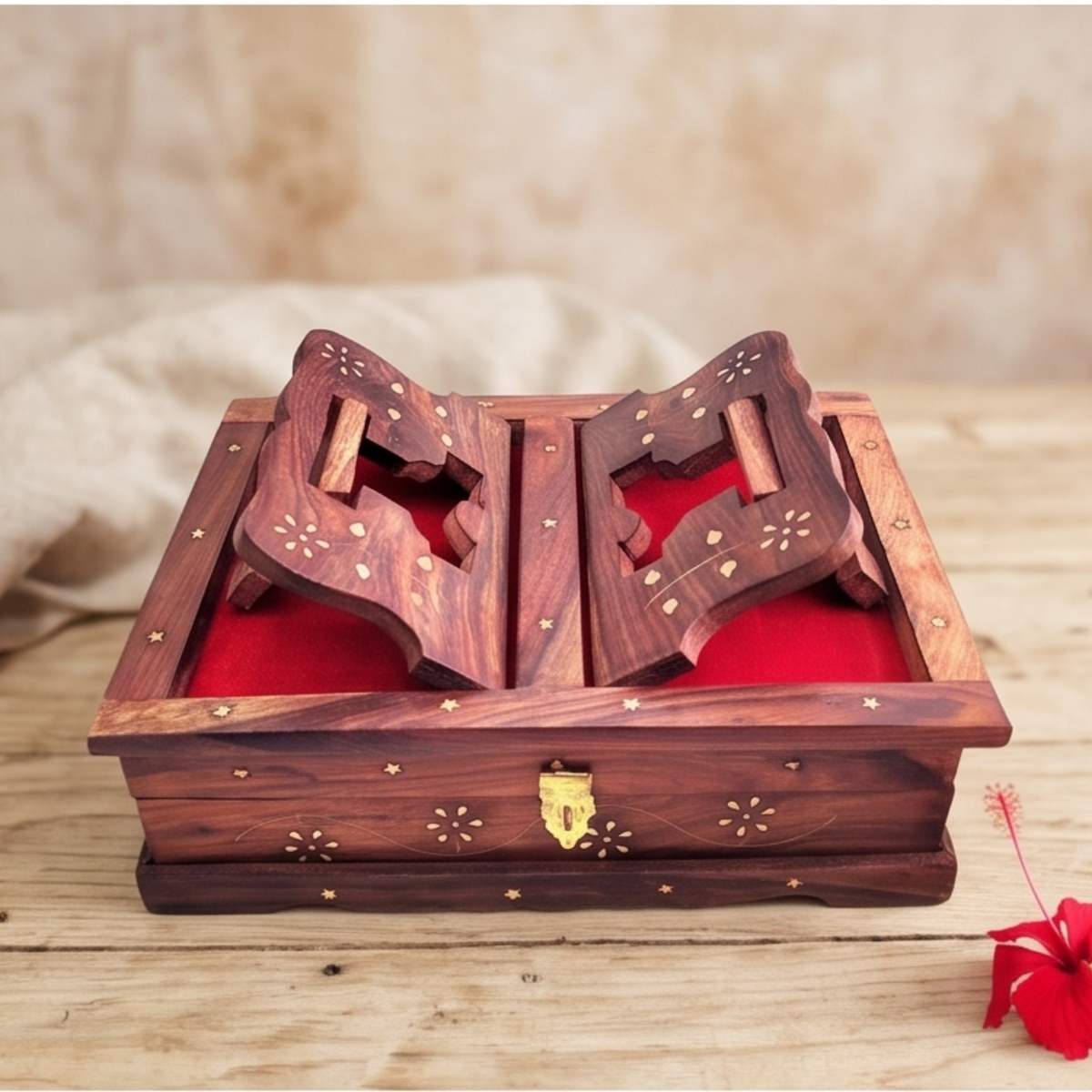 Sheesham Wooden Holy Book Stand & Box | Folding Rehal Quran, Bhagavad Gita, Bible, Religious Scriptures