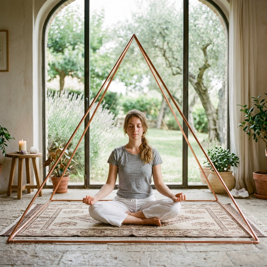 Person meditating inside Tamra House copper pyramid