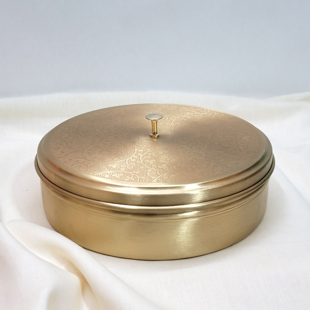 Brass Spice Box 8" (7 Containers, Etched Floral Matt Finish)