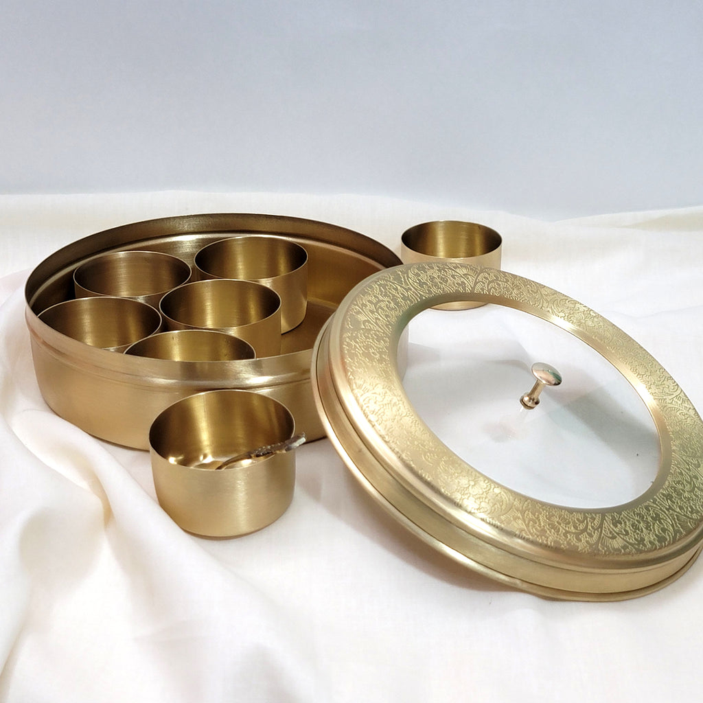 Brass Spice Box 8" (7 Containers, See through Lid, Etched Matt Finish)