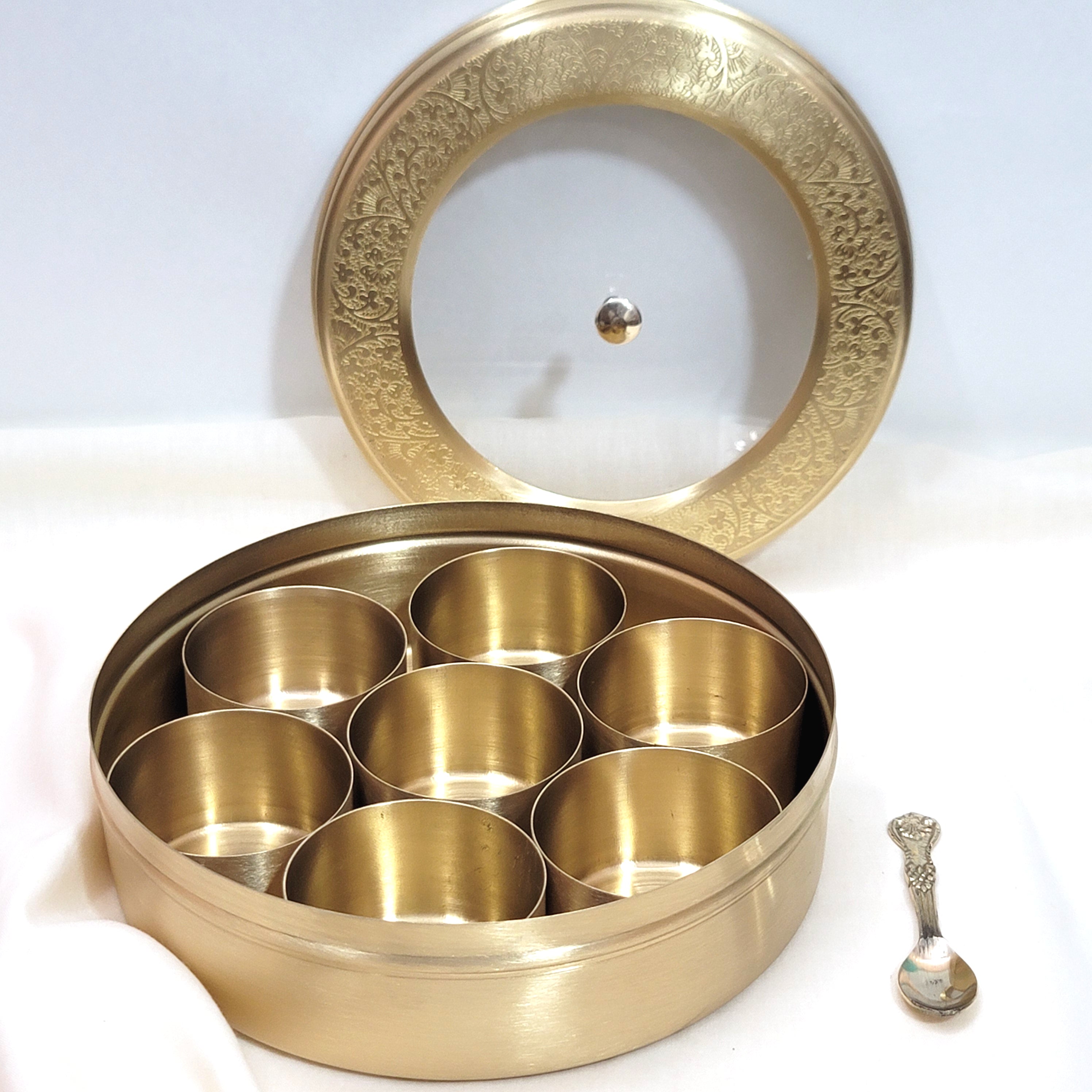Brass Spice Box 8" (7 Containers, See through Lid, Etched Matt Finish)