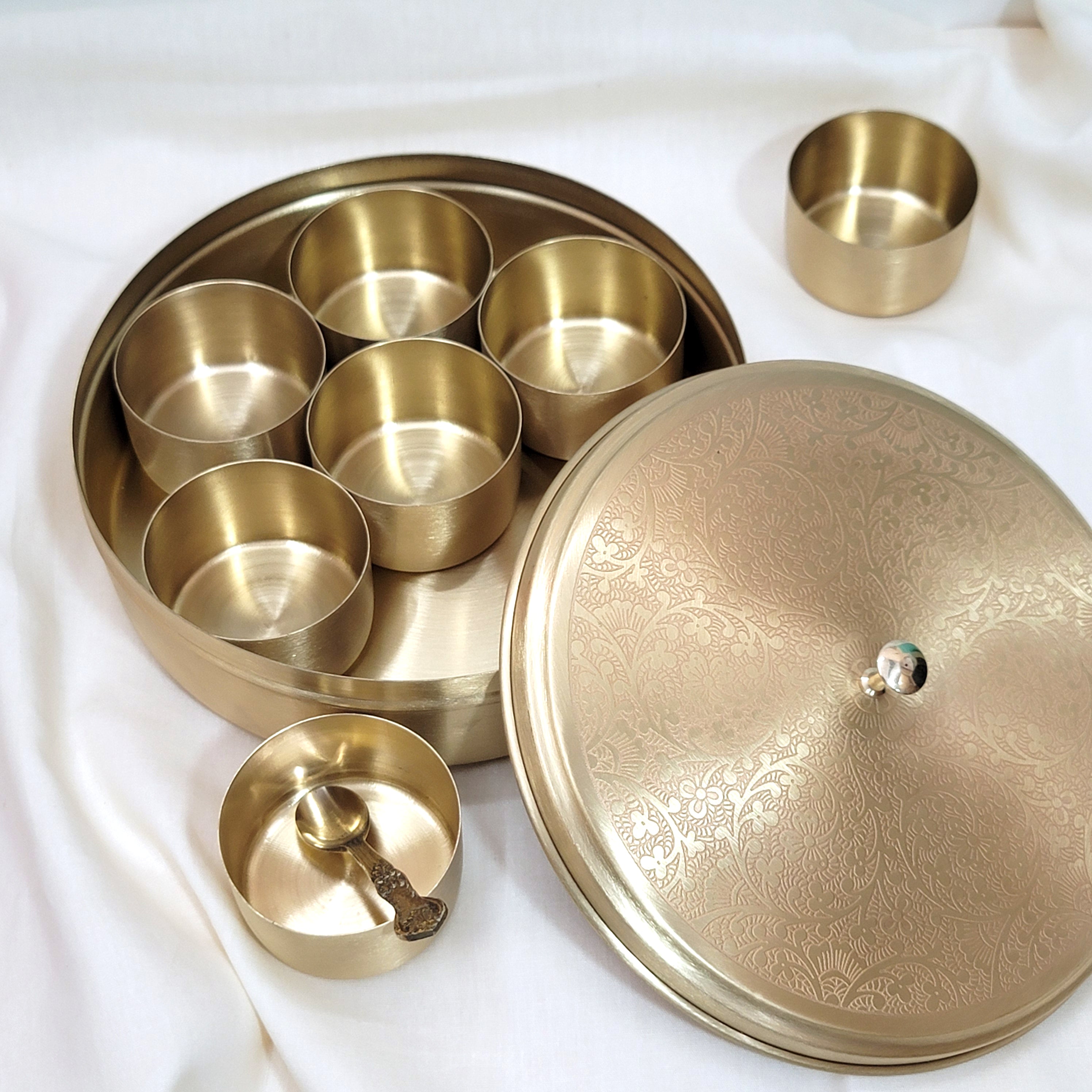 Brass Spice Box 8" (7 Containers, Etched Floral Matt Finish)