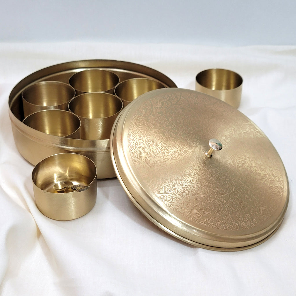 Brass Spice Box 8" (7 Containers, Etched Floral Matt Finish)