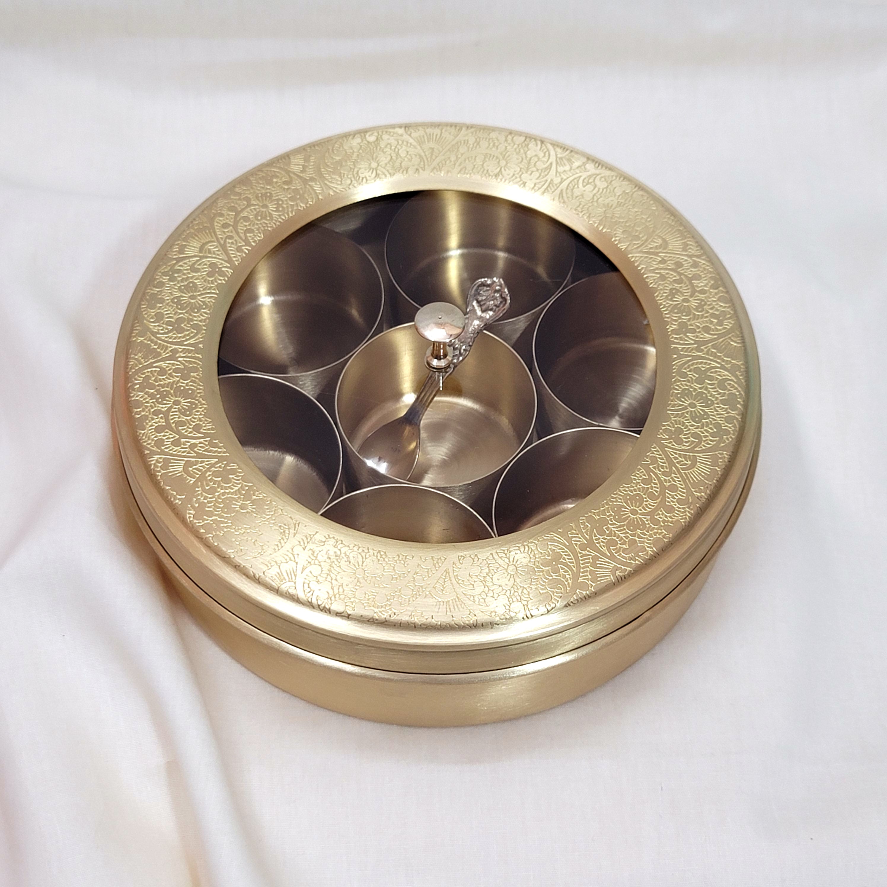 Brass Spice Box 8" (7 Containers, See through Lid, Etched Matt Finish)