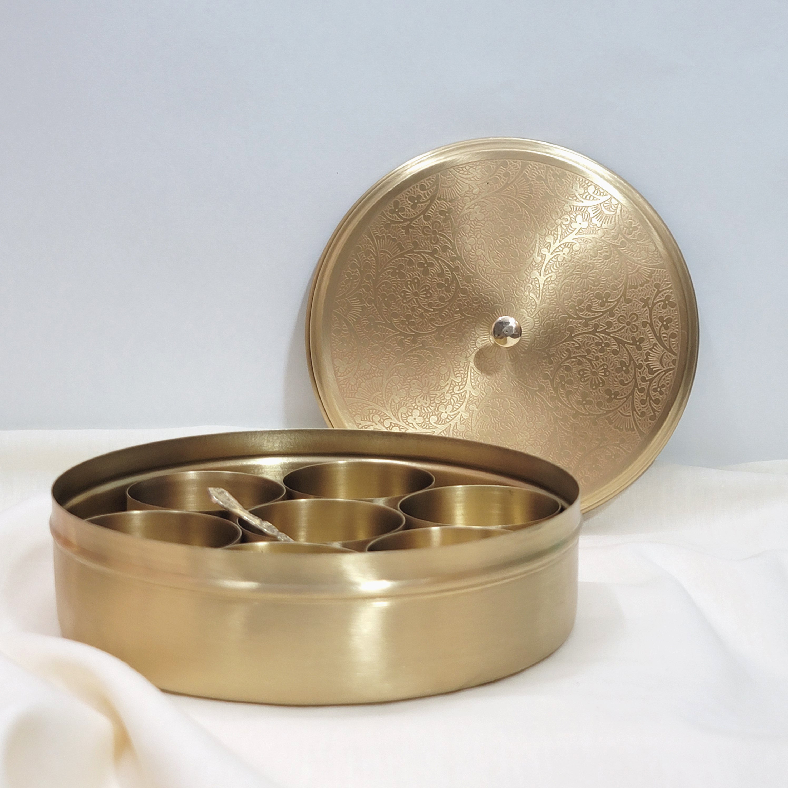 Brass Spice Box 8" (7 Containers, Etched Floral Matt Finish)