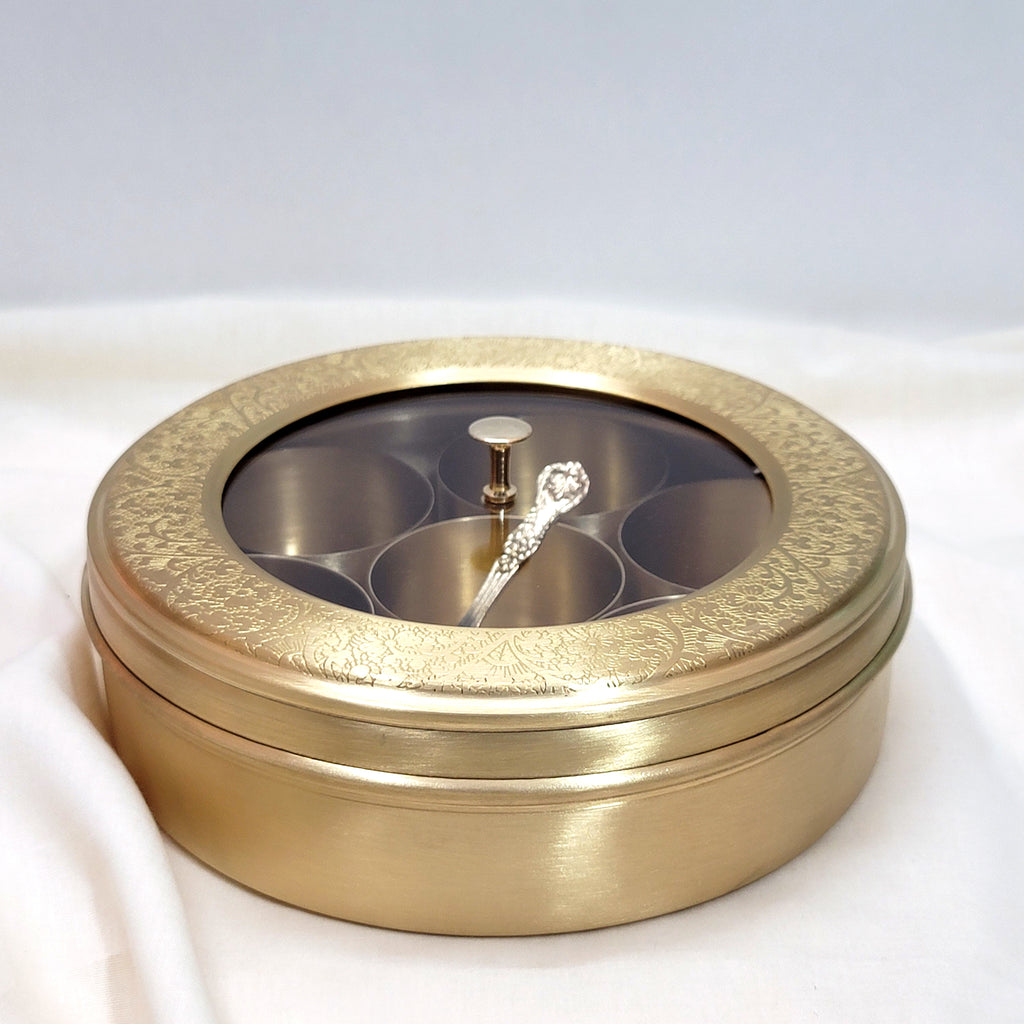 Brass Spice Box 8" (7 Containers, See through Lid, Etched Matt Finish)