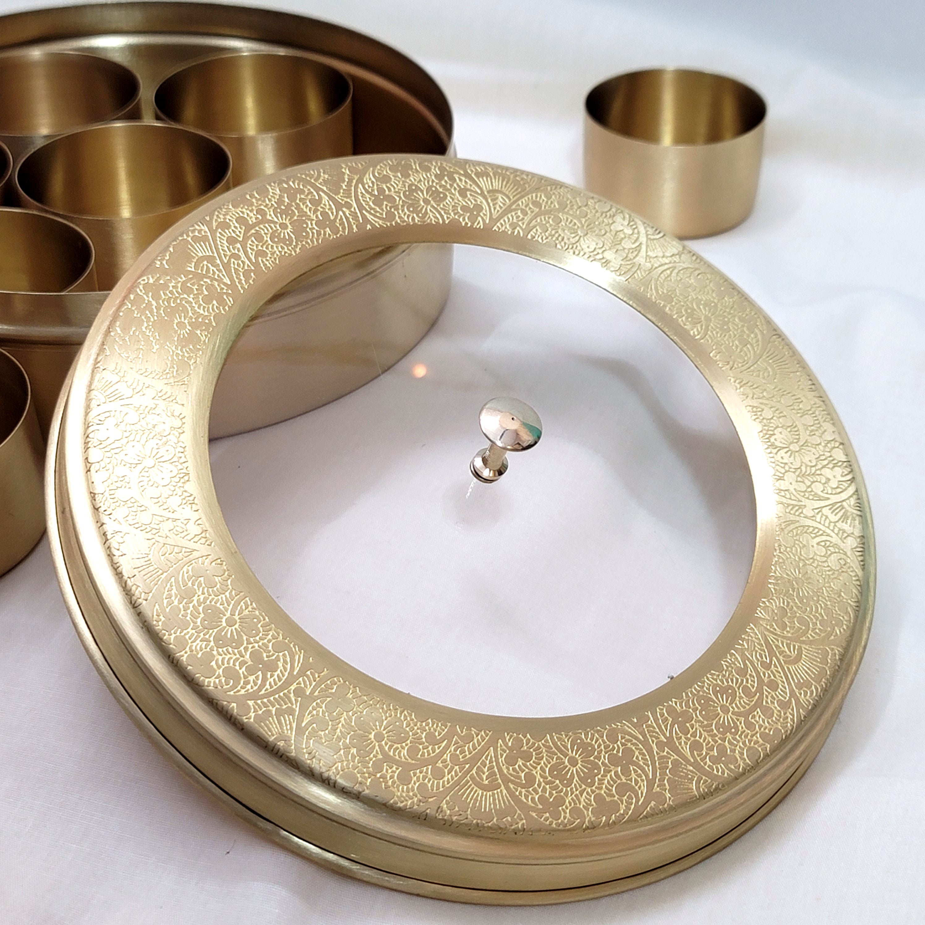 Brass Spice Box 8" (7 Containers, See through Lid, Etched Matt Finish)