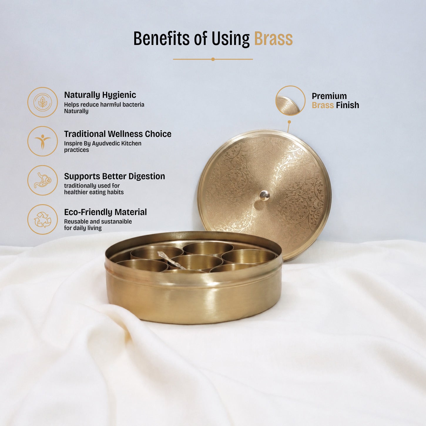 Brass Spice Box 8" (7 Containers, Etched Floral Matt Finish)
