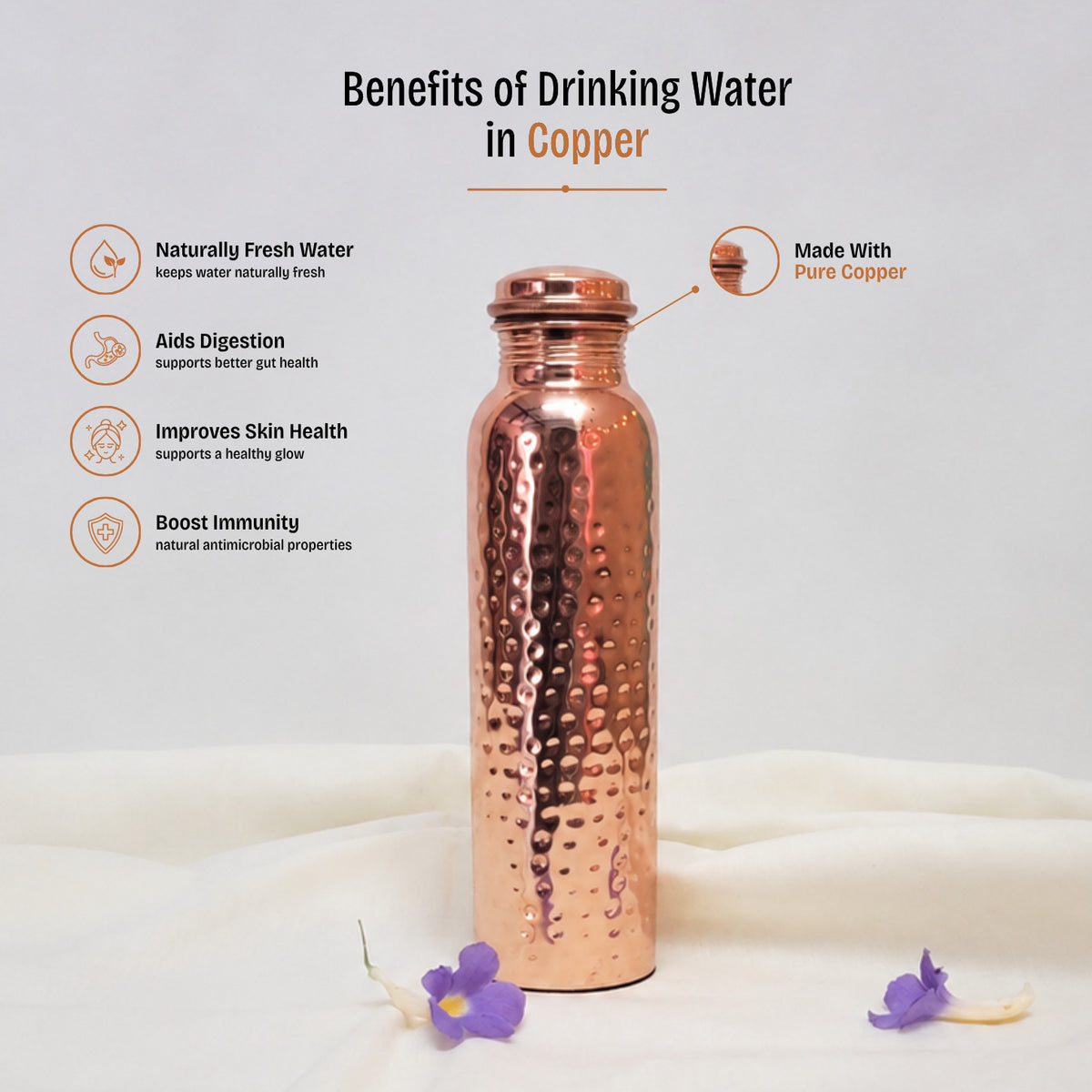 Copper Water Bottle  Hammered Design Glossy Finish 950 ML – Handcrafted Gift | Diwali Gift Idea