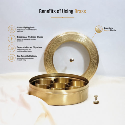 Brass Spice Box 8" (7 Containers, See through Lid, Etched Matt Finish)